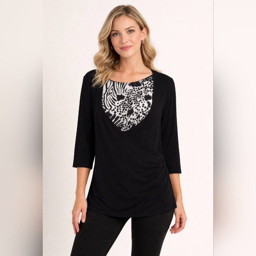 City Girl Black & White Animal Print Wrap-Style Top – Size L